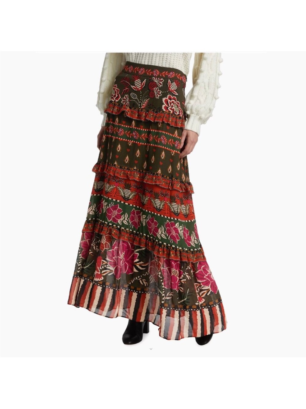 FARM Rio Olive Maxi Skirt with Pink Floral and Rust Accents